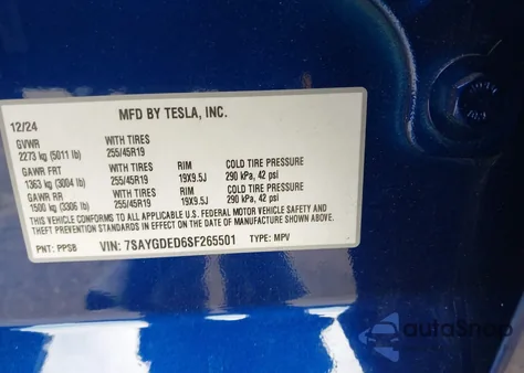 2025 Tesla Model Y Long Range Dual Motor All-Wheel Drive from USA, damaged, VIN 7SAYGDED6SF265501